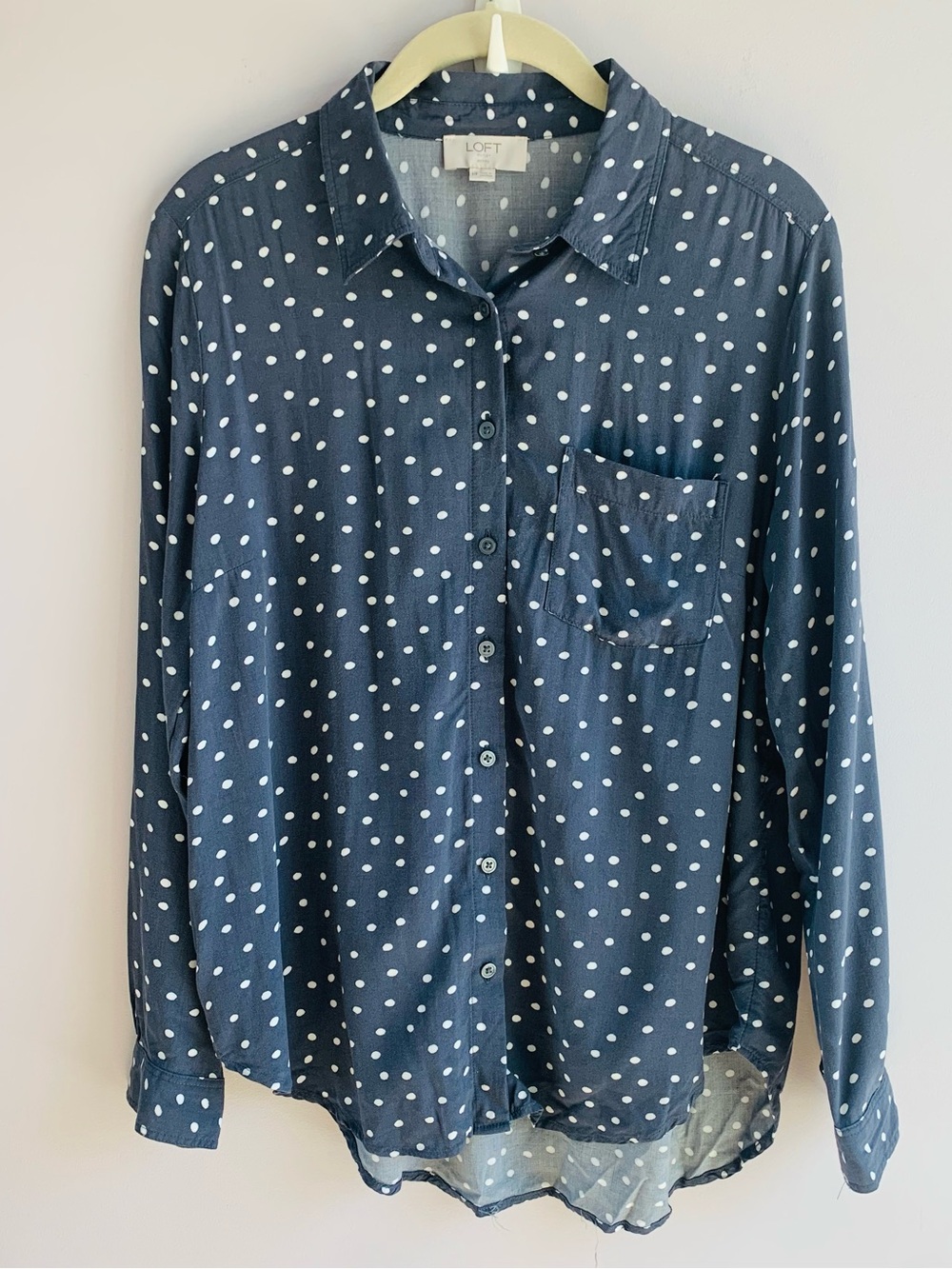 Loft Blouse Button Front Polka Dot Grey White Long Sleeve Business Casual EUC MP